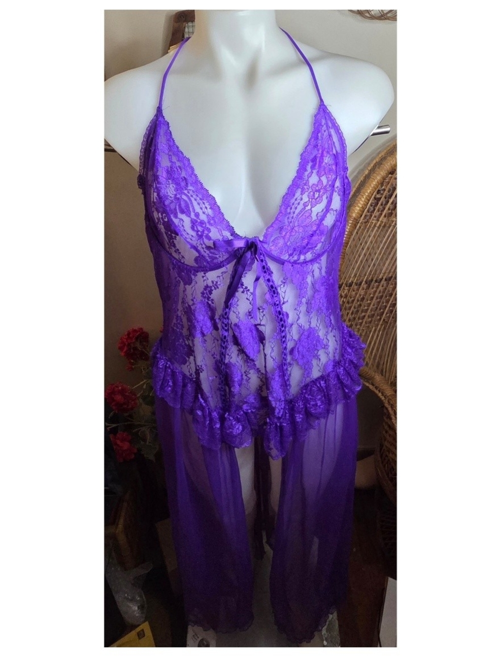 Vintage 90s Frederick's of Hollywood Sheer Lace Chemise in Purple Size 2x